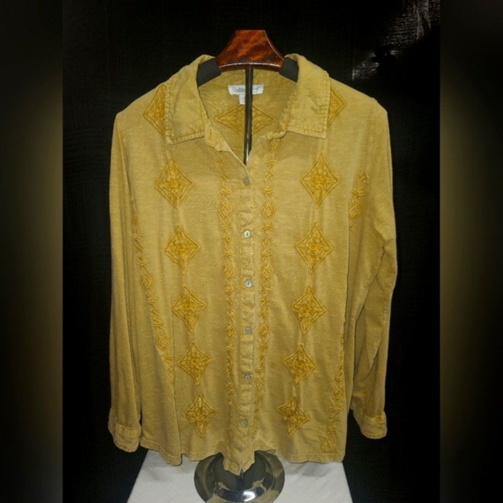 Coldwater Creek Tan Embroidered Button-down Long-sleeve Shirt